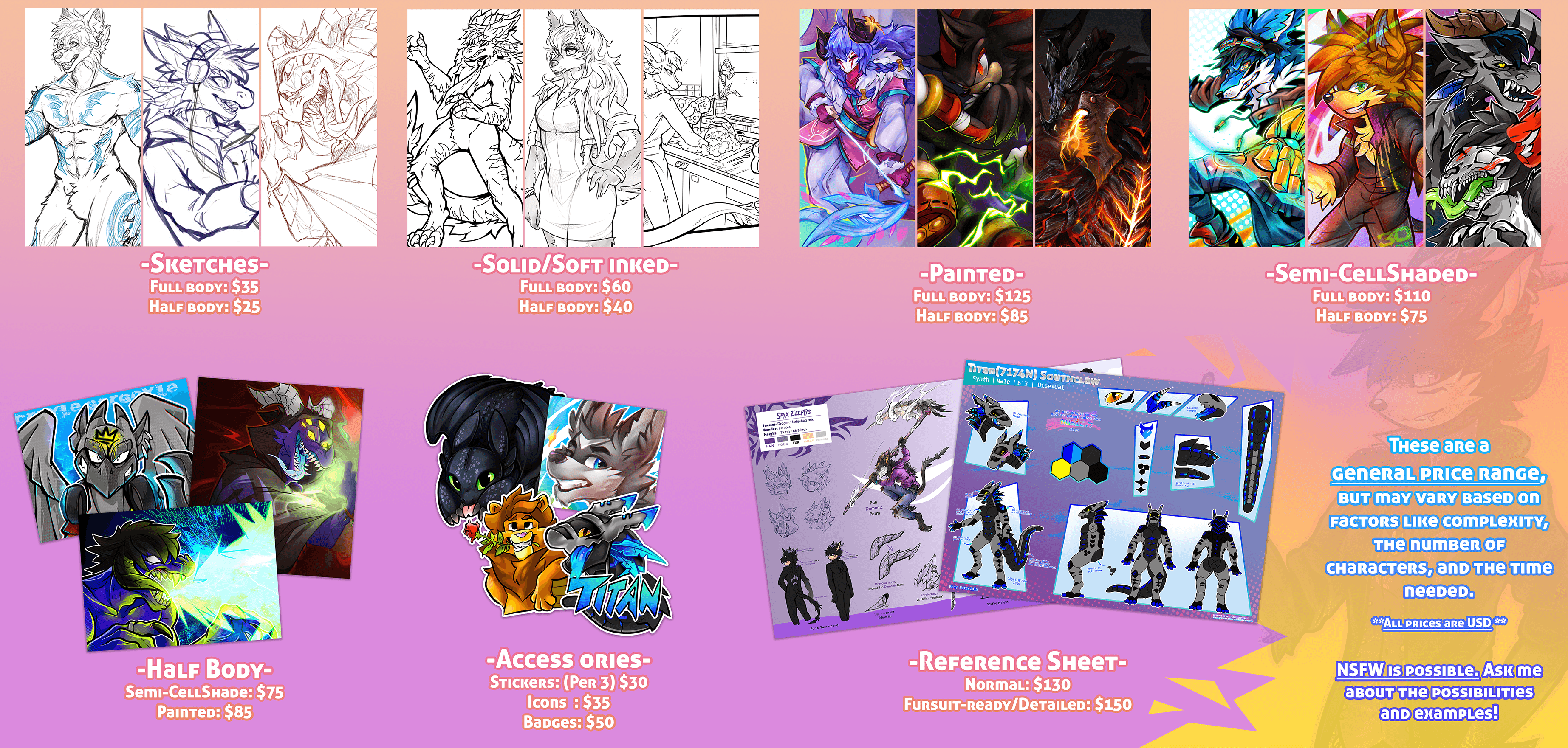 Spyx Art Price Guide - Transparent pricing for furry art commissions including reference sheets, drawings, icons, and stickers