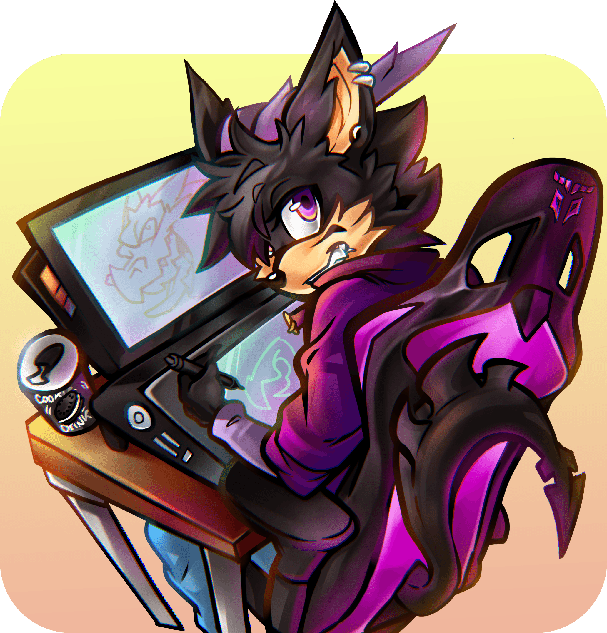 Spyx Eleptys working at desk creating furry art commissions